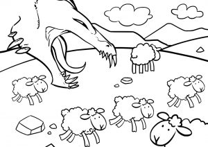 Printable colouring page of St George's Dragon threatening sheep