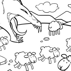 Printable colouring page of St George's Dragon threatening sheep