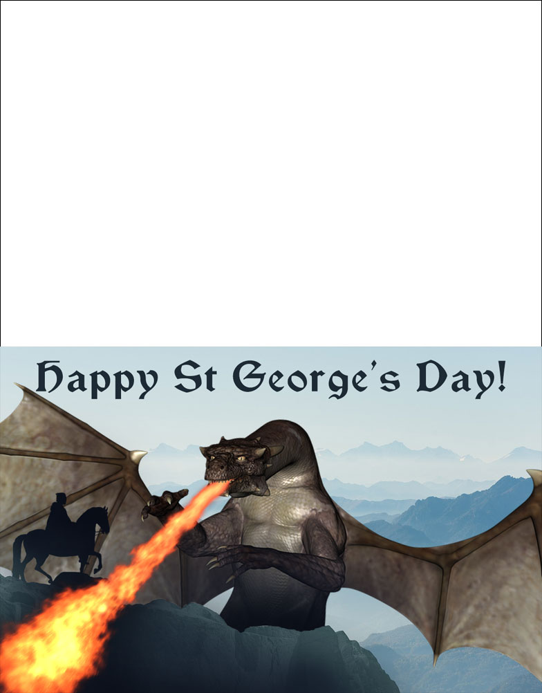 Printable St George's Day greetings card picturing a knight fighting a dragon