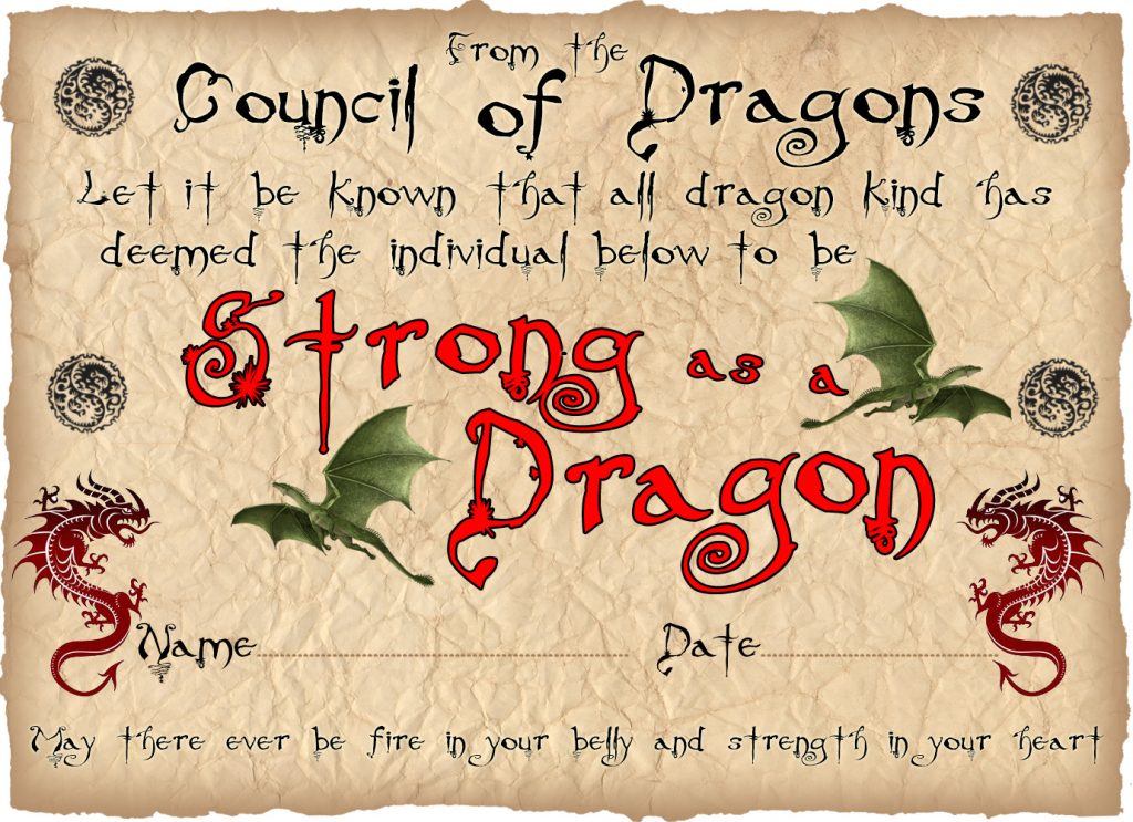 Printable children's award certificate for being as strong as a dragon.