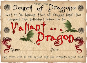 Printable children's award certificate for being as valiant as a dragon.