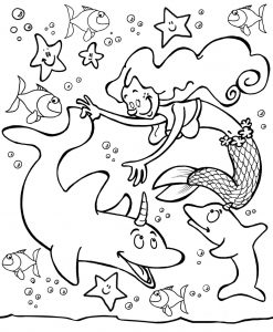 Free printable colouring of a mermaid in the ocean, playing with her dolphin friends