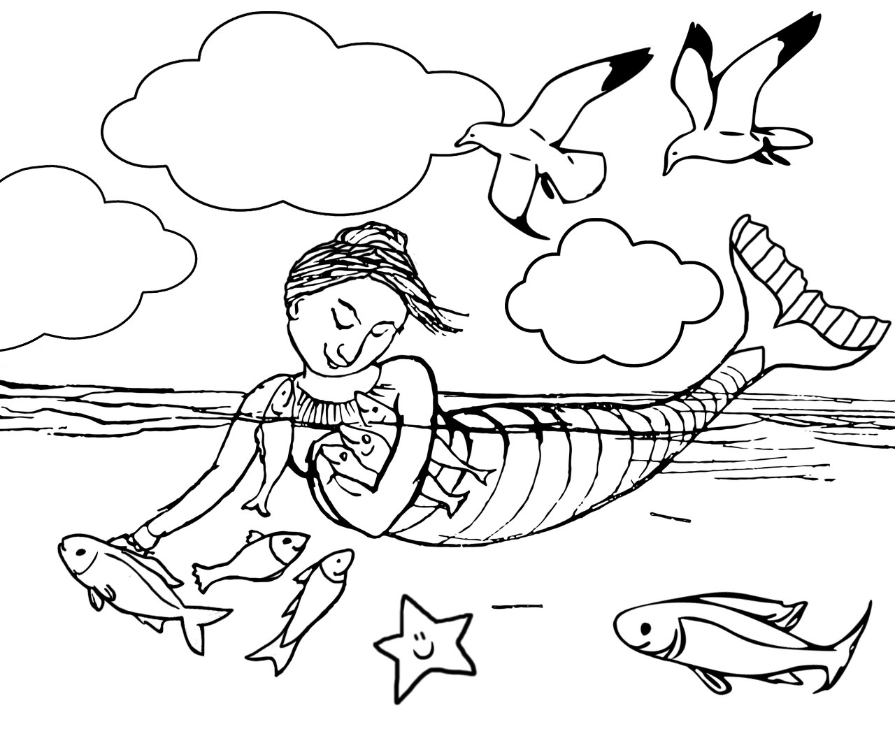 Free printable colouring page of a mermaid hugging her fish friends