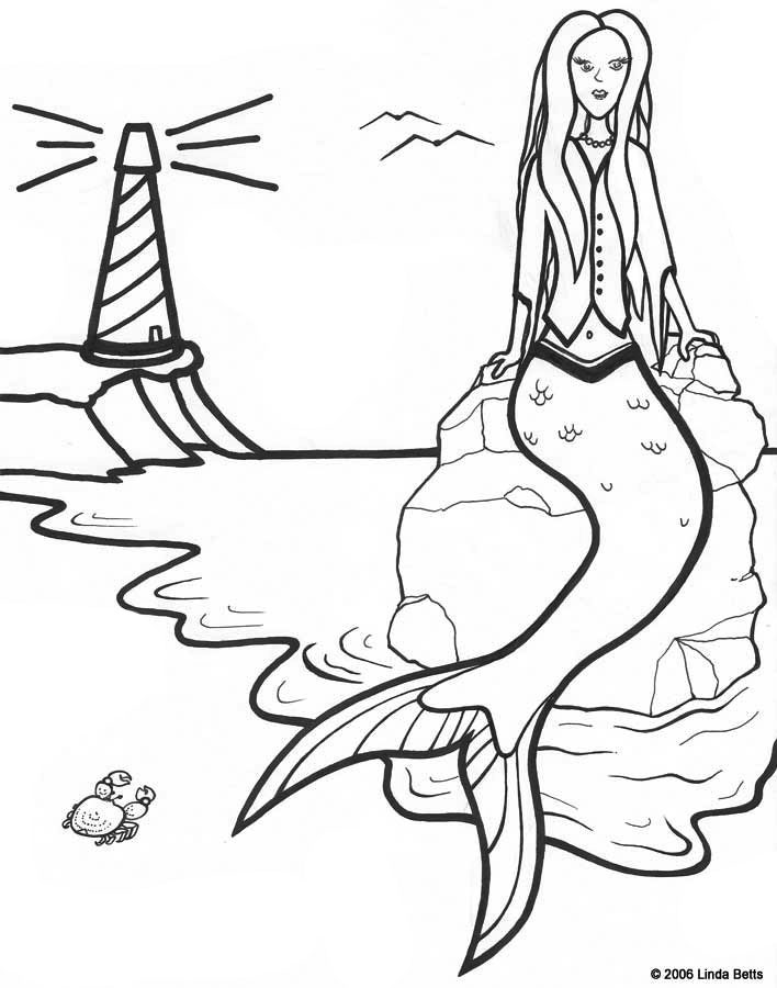 Free printable colouring page of a mermaid on a beach with a lighthouse in the background