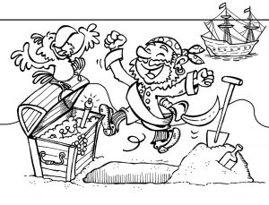 A colouring page of a pirate, his parrot and a chest of treasure