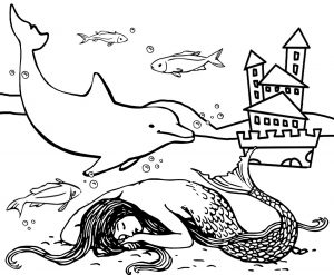 A picture to colour in of a mermaid sleeping in her underwater kingdom, with her castle nearby.