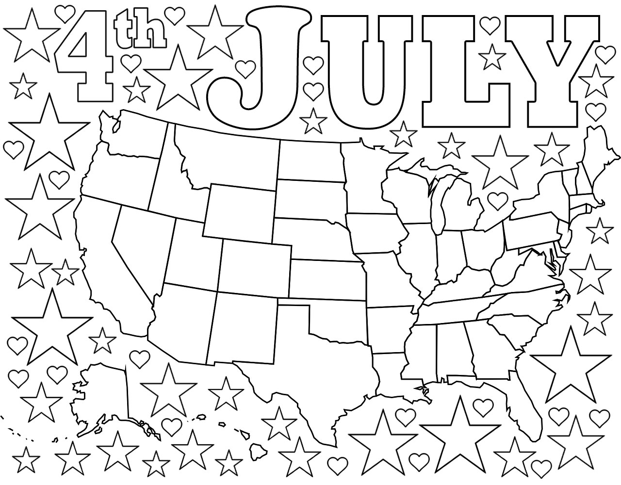 Free coloring page of a map of the USA surrounded by stars and hearts, meant for July Fourth