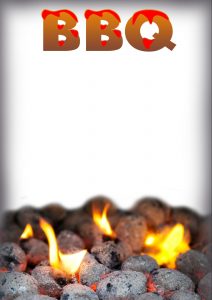 Printable template for a BBQ, which can be used as a menu or an invitation. It has charcoal and flames design.