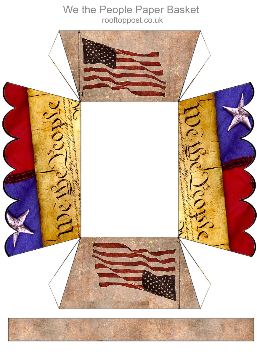 Printable paper basket for treats and snacks featuring an American Independence Day design