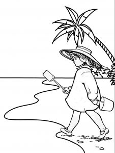 Picture to colour in of a girl walking along a beach with a bucket and spade