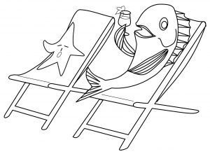 Free seaside colouring page for kids of a fish lazing around in a deckchair on the beach