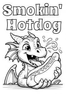 A printable colouring page for children of a cartoon-style dragon eating a hotdog. Part of a series of barbecue-themed colouring pages.