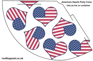 Free printable party cone featuring an American hearts design