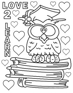 School colouring in page depicting an owl perched on some books
