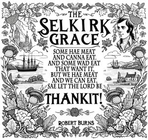 A copy of the Selkirk Grace to pint for Burns Night. This one has pictures around the edge for children to colour in.