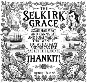 A copy of the Selkirk Grace to pint for Burns Night. This one has pictures around the edge for children to colour in.