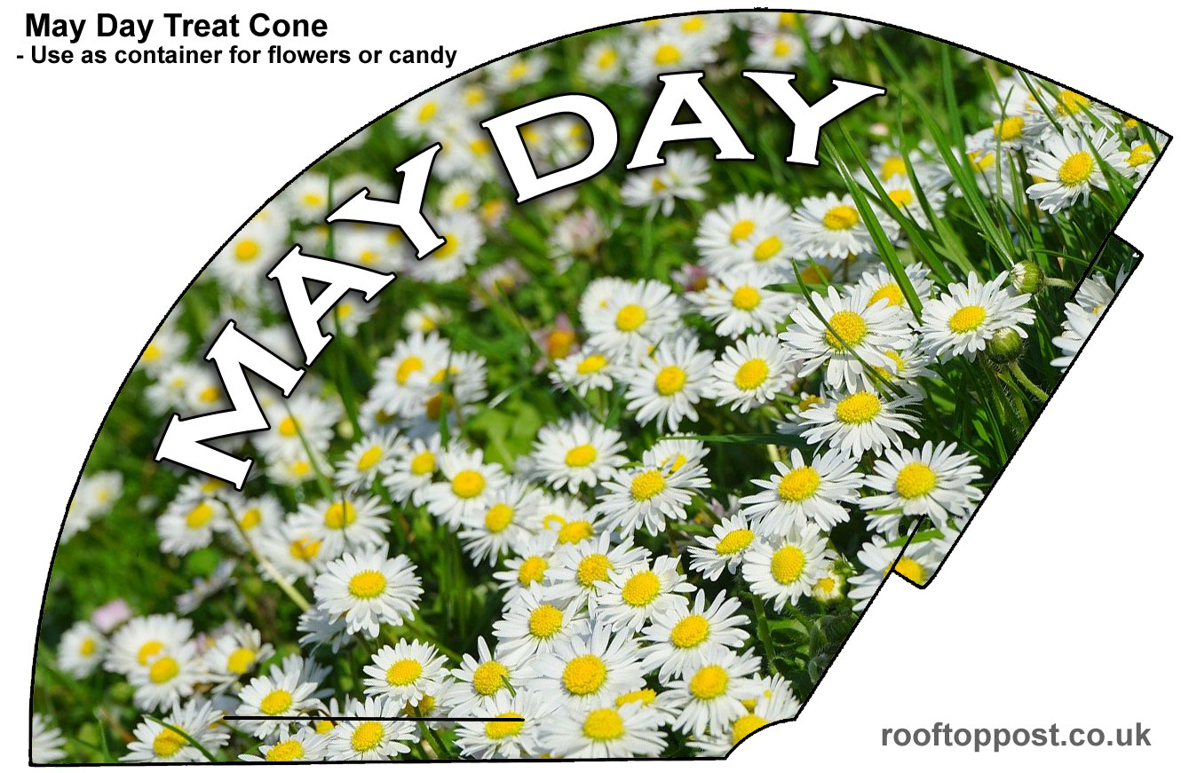 A printable cone to put edible treats or flowers in on May Day, with a daisy theme.