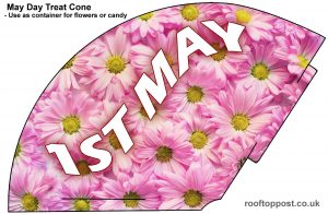 A printable party cone for May Day celebrations with a pink daisy theme
