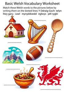 A printable Welsh vocabulary sheet for learners. You match the Welsh words to the pictures.
