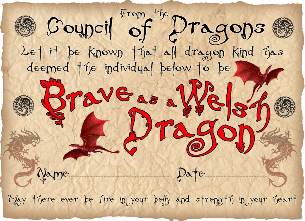 This is a printable certificate for children, saying that they are as brave as a Welsh dragon. Useful for St David's Day or any other Welsh celebration.