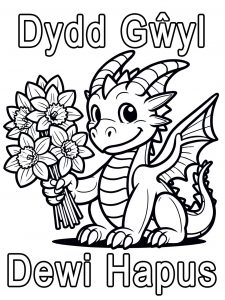 Printable children's colouring page for St David's Day depicting a Welsh dragon holding a bunch of daffodils.