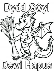 Children's colouring page for St David's Day depicting a Welsh dragon holding a leek.
