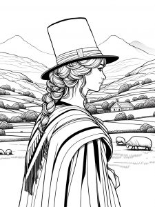 A printable colouring page for St Davis's Day, depicting a woman in traditional Welsh hat and shawl, walking though the Welsh countryside.