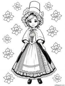 A printable colouring page of a Welsh lady in traditional dress, including the distinctive tall hat.