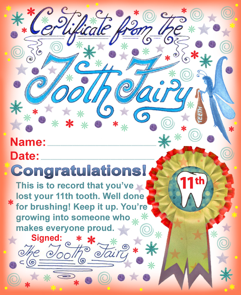 Tooth Fairy certificate to print for a child who has lost his or her 11th tooth.