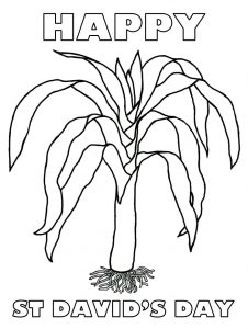 Taflen lliwio i blant ar gyfer Dydd Gŵyl Dewi. Colouring in page of a Welsh leek to say Happy St David's Day