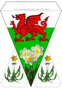 Printable bunting to decorate for St David's Day, picturing the Welsh dragon, leeks and daffodils.