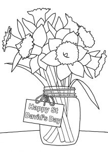 Printable colouring page for St David's Day picturing daffodils in a vase.