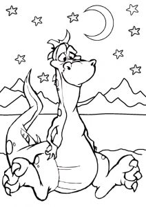 Printable colouring page of a dragon sitting underneath the stars in the moonlight.