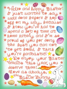 This is a free, handwritten note from the Easter Bunny saying well done to a child for staying inside. It's useful in light of the coronavirus pandemic.