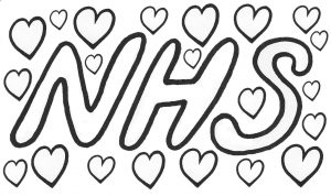 A poster to colour in depicting the NHS surrounded by hearts. The idea is to put it in your window to show your love for the NHS
