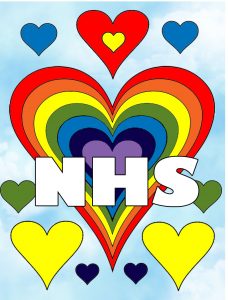 A poster celebrating the work of the NHS with a hearts and rainbow theme.