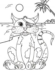 Printable colouring page of a pirate cat sitting on a beach.