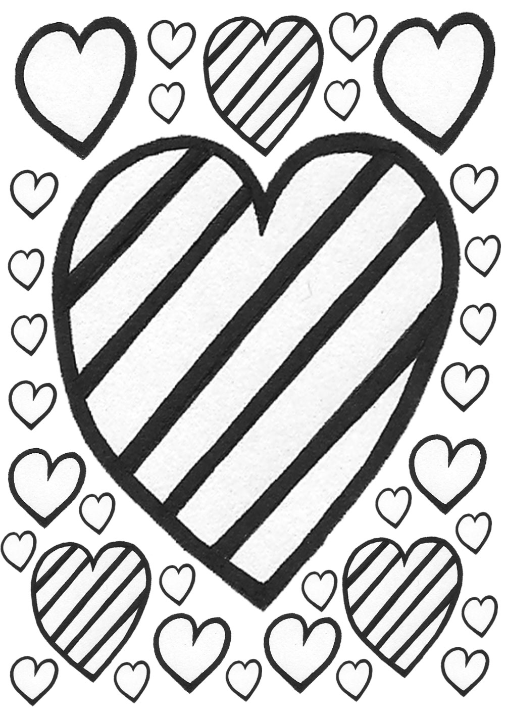 Printable kids colouring page of rainbow hearts
