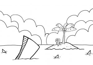 This is a kids colouring page of a shipwrecked pirate in shark-infested waters.
