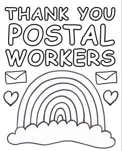 A printable rainbow poster for children to colour in and display in their windows to say thanks to postal workers