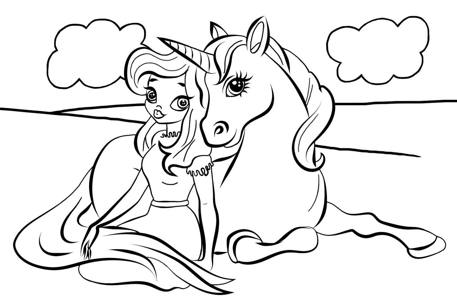 A kids colouring page of a princess and a unicorn