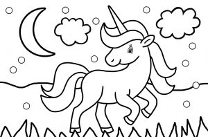 Simple colouring page to print for a young child, depicting a unicorn in the snow