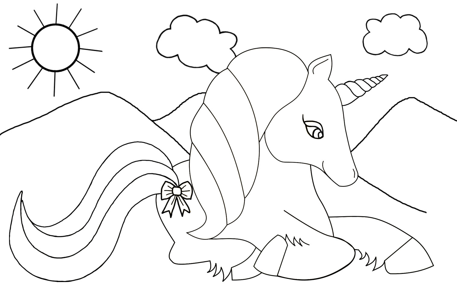 A kids colouring page of a unicorn sitting in the sunshine