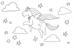 This is a printable colouring page of a cure unicorn flying through a starry sky