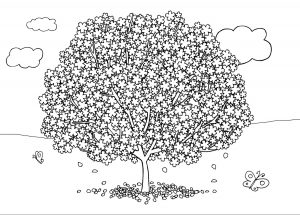 Printable colouring picture of a blossom filled tree and some butterflies