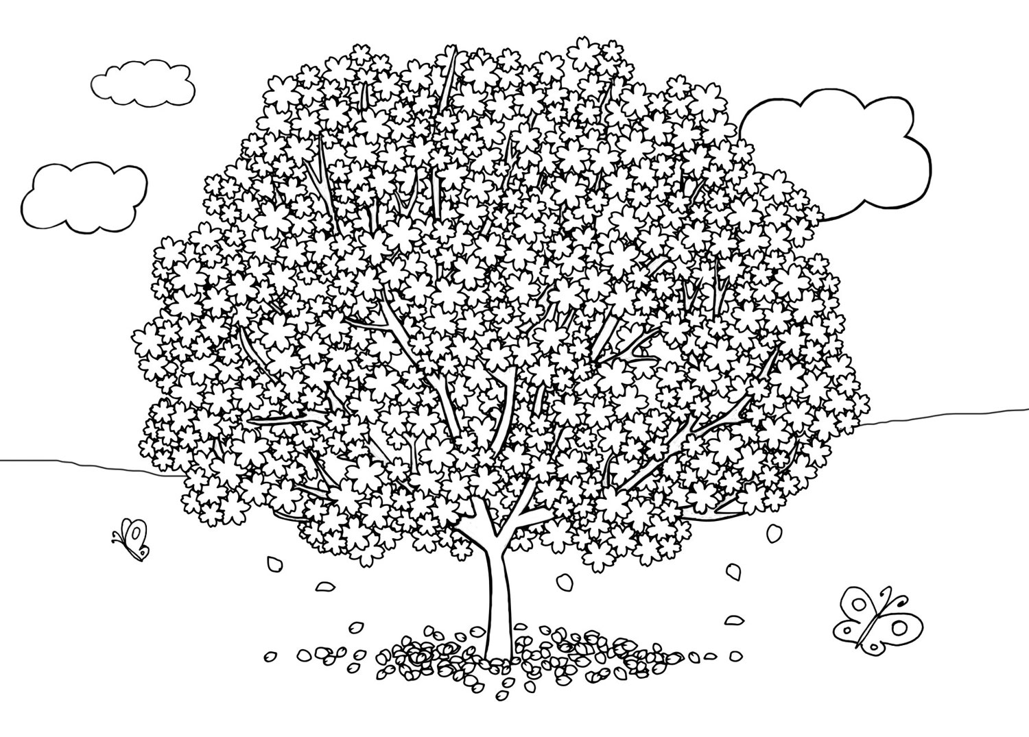 Printable colouring picture of a blossom filled tree and some butterflies