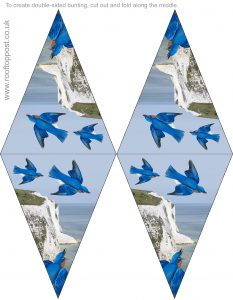 Beautiful double-sided bunting of bluebirds flying over the white cliffs of Dover, designed for VE Day