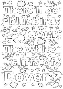 Kids colouring page to print for VE Day - There'll be bluebirds over the white Cliffs of Dover