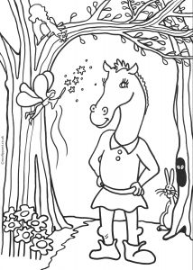 Kids colouring page of Bottom with a donkey's head, as in Shakespeare's magical play: A Midsummer Night's Dream