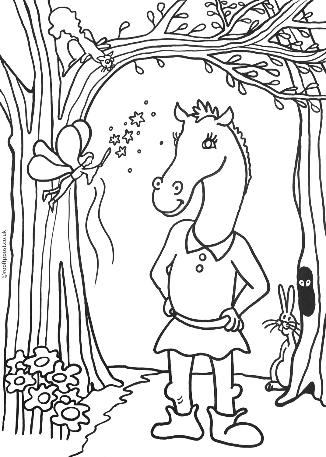 Kids colouring page of Bottom with a donkey's head, as in Shakespeare's magical play: A Midsummer Night's Dream